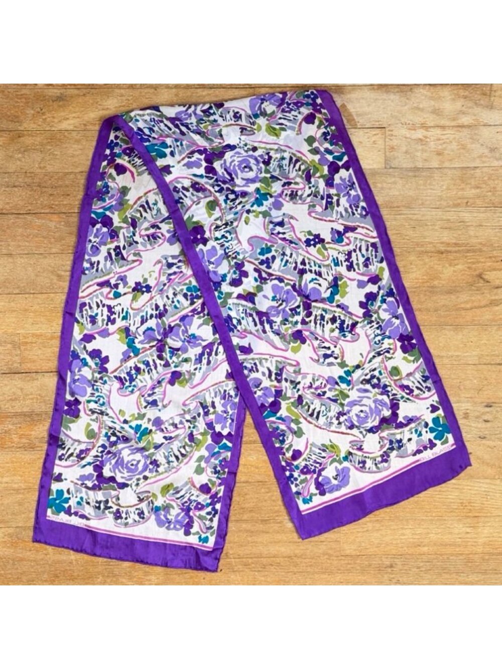 Vintage Bill Blass Silk Scarf 70s Designer Purple Floral Oblong Neckscarf